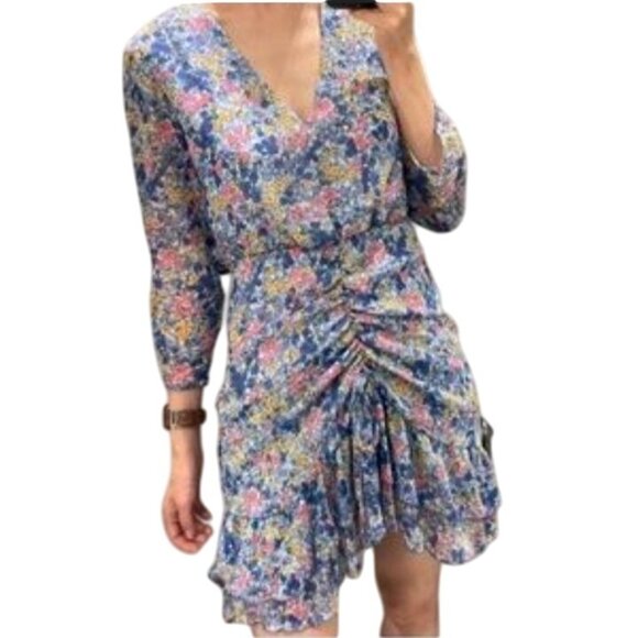 NEW Zara Ruched‎ Floral V-Neck Mini Dress Blue Multi 3/4 Sheer Sleeves Size XS - Picture 1 of 10
